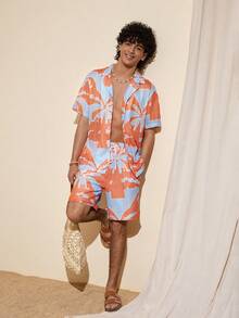 Felipe Marques Ensemble chemise à manches courtes et short en tissu maille imprimé palmier pour hommes, coupe ample, tenue de vacances décontractée pour île, fête sur la plage, printemps/automne - Multicolore - Voir 5