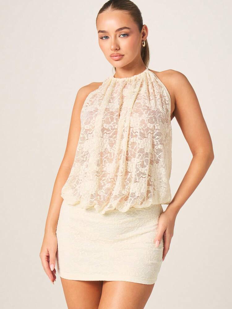 MISSGUIDED Halter Neck Lace Mini Dress With Backless Design And Gathered Waist Detail For Evening Party Occasions
