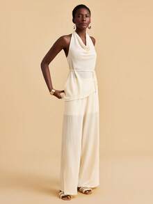 Travachic 2pcs/Set Halter Neck Draped Backless Top & Pants - Apricot - View 5