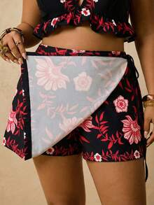 Travachic Plus Size Women Summer Floral Print Shorts Set, Camisole Top With Ruffle Hem Paired With Wrap Skort 2-Piece Outfit - Black - View 6