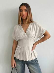 Aloruh 女士优雅V领收腰纯色梭织短袖办公衬衫 - 卡其色 - 查看 5