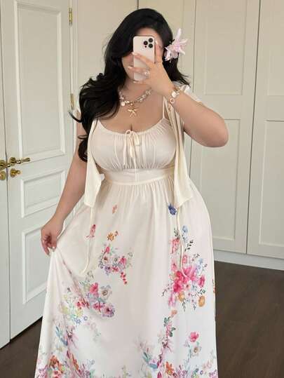 Vibekara Plus Size Elegant French Style Vacation Floral Print Short Sleeve Knit Cardigan + Long A-Line Camisole Dress Two Pieces Set