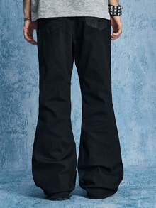 ROMWE MEN Goth 男士时尚深色喇叭拼接牛仔裤 - 黑色 - 查看 3