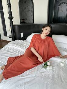 Dazy Plus Plus Size Women's Solid Color Batwing Sleeve Pleated Loose Long Nightgown, Spring/Summer/Autumn - Burnt Orange - View 4