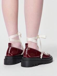 ROMWE Kawaii 女士时尚甜美蝴蝶结装饰系带平底鞋 - 酒紅拼色 - 查看 5