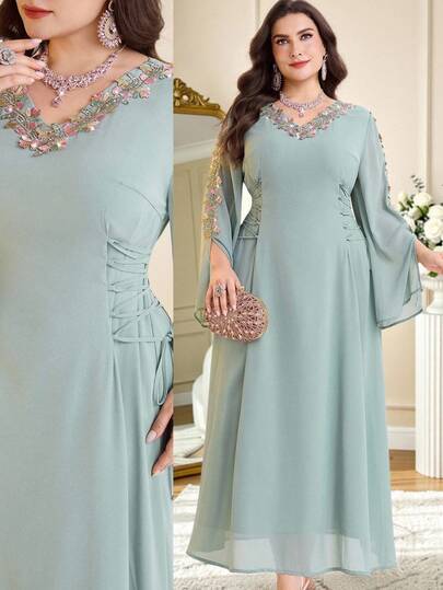 Al Najma Vestido elegante de estilo árabe con bordados y aplicaciones para mujer de talla grande