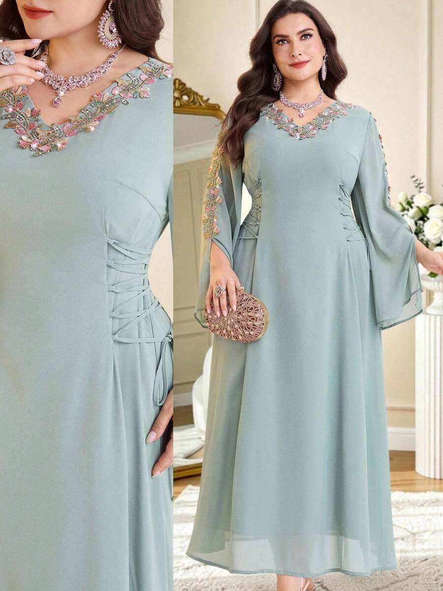 Al Najma 大码女士优雅刺绣贴花阿拉伯风格连衣裙 - 紫色 - 查看 1