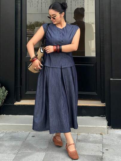 Dazy Plus Plus Size Summer Casual Front Button Blouse And Pleated Skirt 2 Pieces Set