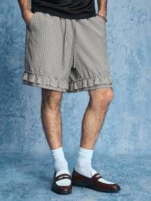 ROMWE MEN Street Life Men's Fine Plaid Drawstring Waist Pocket Ruffle Hem Casual Shorts - Black - View 7