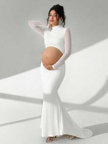 Cheriluna Maternity 孕妇摄影礼服，长袖立领，腰部镂空，露背，鱼尾下摆，及地长裙 - 白色 - 查看 5