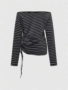 ROMWE J-Fashion Y2K Sexy Striped Bat Wing Ruffle Drawstring Off Shoulder Women's Suit - Black - View 4