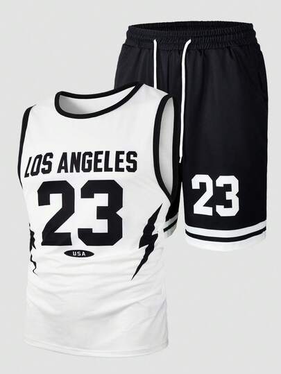 Manfinity Homme Conjunto informal de camiseta de tirantes con estampado de letras y pantalón corto con cordón en la cintura para hombre