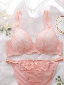DelicateAllure 2pcs Pink Lace Patchwork Bra Set With Steel Rings, High Support, Gather & Lift, Cute & Charming Women Lingerie Set - Pink - View 6