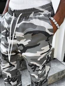 Manfinity Hypemode Men's Street Fashion Drawstring Waist Slant Pocket Camouflage Cargo Pants Camo Cargo Pants Men Army Pants Camo Cargos Men Cargos Pants Men Street Wear Pants - Dark Grey - View 3