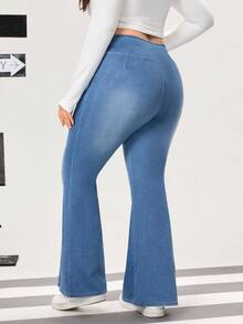 Flexra Plus Size Women's Fashionable Casual Washed Flare Jeans - Blue - View 2