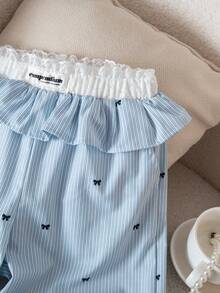 Genkimix Kids Quần ống rộng dáng casual cho bé gái, họa tiết sọc, cạp chun in nơ, gấu quần xếp ly tương phản, màu trắng. - Nhiều màu - Xem 5