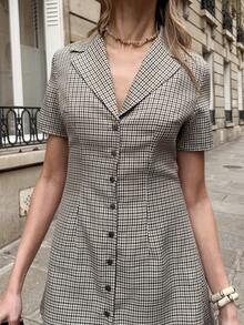 Pariaura 女士格子印花短袖休闲夏季连衣裙 - 卡其色 - 查看 3