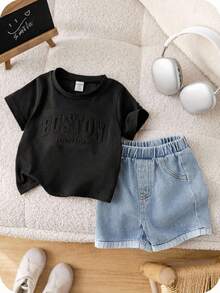 SHEIN 男婴夏季休闲字母印花T恤和浅蓝色短裤两件套 - 黑色 - 查看 5