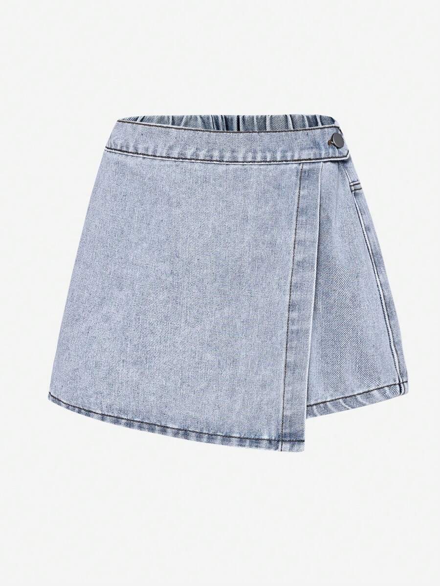 Tween Girls Y2K Casual Elastic Waist Washed Light Blue Soft Comfortable Denim Shorts, Versatile Street Style, 2026 Summer New Arrival - Medium Wash - View 1