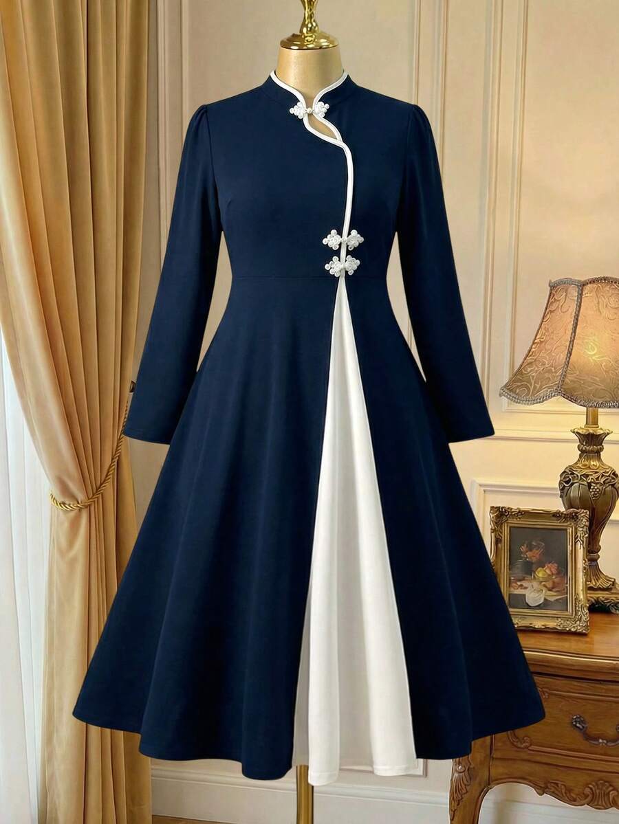 Rometta Váy dài tay tối giản màu đen trắng tương phản mới dành cho nữ cỡ lớn - Màu xanh hải quân - Xem 1