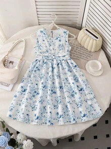 Elladie kids Girls' Elegant Ditsy Floral Sleeveless Waist Cinched Asymmetrical Hem Dress, Suitable For Casual, Vacation, Holiday, Party, Birthday And Other Occasions, Summer Kids Jacquard Dresses Blue Dresses 7 8y Kids Casual Aline Sleeveless Dresses Kids Frocks Blue Floral Dress Girls Girls Jacquard Dresses - Blue - View 8