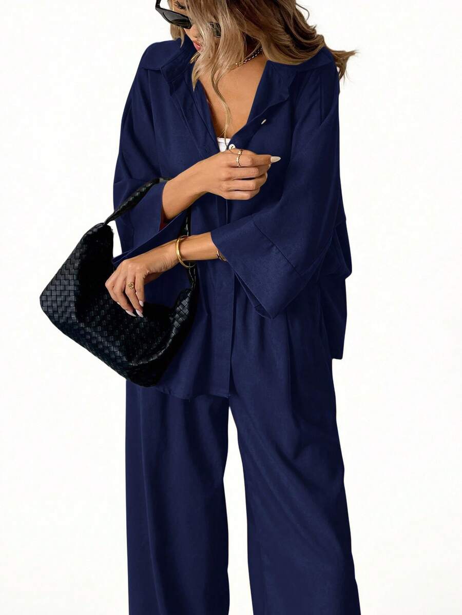 Aveloria Modichic 2件套 女士混纺侧开衩宽松衬衫和高腰阔腿裤 优雅商务休闲女装 - 霧霾藍 - 查看 1