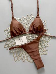 Swim Vcay 2026春夏棕色编织吊带露背侧拼接高衩比基尼泳裤女士度假泳装两件套 - 棕色 - 查看 3