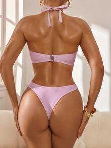 Voyashape 女士纯色挂脖系带时尚比基尼泳装套装 - 粉色 - 查看 2