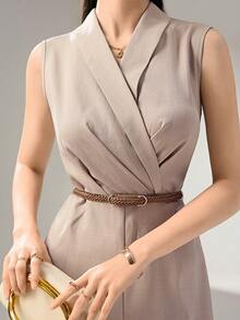 Heiryn Bộ áo liền quần không tay ống rộng màu trơn thời trang thanh lịch dành cho nữ - Màu Khaki - Xem 5