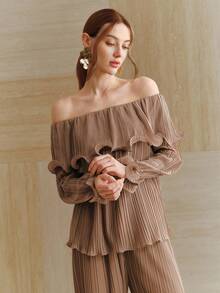 Anewsta Spring/Summer New Vacation Ruffle Off Shoulder Fashionable Elegant Casual Women Top - Mocha Brown - View 3