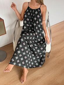DAZY Vacation Style Pattern All-Over Print Sleeveless Long Women Nightgown - Black - View 12