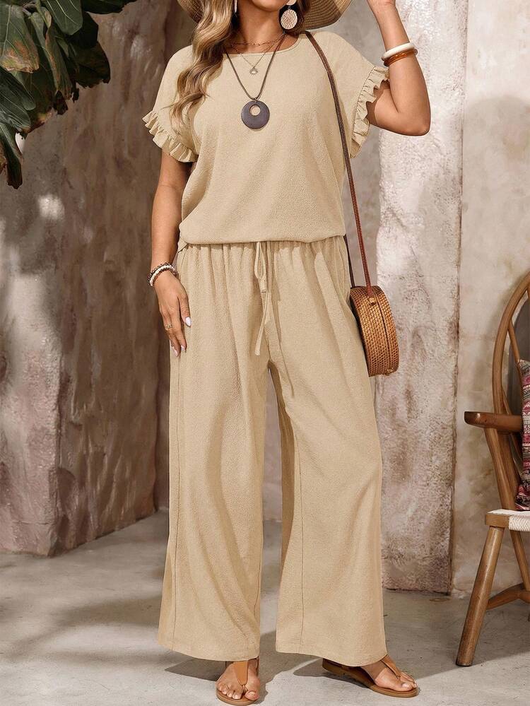 Plus Size Women's Shoulder Petal Sleeve Shirt With Ruffle Hem And Elastic Waist Pants Set, Black, Bohemian Casual Outfit Suitable For Spring/Summer Two Piece Set Women Comfy Summer Pants Sets For Women Summer Outfits Summer Clothes  Spring  Spring Outfit Women Spring Clothes Beach Vacation Outfits For Women Bohemian