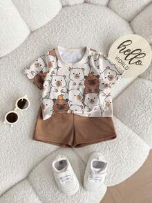 两件套新生儿夏季可爱针织卡通圆领短袖上衣和短裤套装。适合春夏季节，室内外皆宜，可用于日常穿着、运动、玩耍、聚会、拍照、度假、节日、婚礼、满月庆典、洗礼和迎婴派对等场合。 - 卡其色 - 查看 4