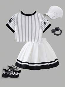 SHEIN 2pcs/Set Baby Girl Infant Toddler 0-3 Years Fashion V-Neck Fuchsia Short Sleeve Jersey Top And Pleated Skirt Outfit - White - View 2