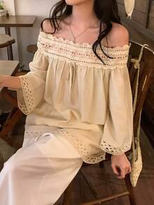 DAZY Women's Casual Off-Shoulder Blouse With Lace Trim, Loose Fit, 3/4 Sleeve, Suitable For Spring And Summer - Apricot - View 5