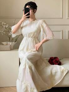 DAZY French Embroidery Niche Design Sense Elegant Loose Elegant Women Long Dress Maxi Dress Sundress - Beige - View 3