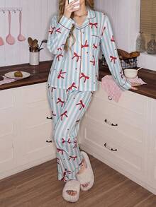 SweetSlumber 甜美条纹蝴蝶结泡泡褶皱女士睡衣套装 女士睡衣套装 蝴蝶结睡衣 条纹睡衣 蝴蝶结睡衣套装 女士睡衣套装 - 藍色 - 查看 3