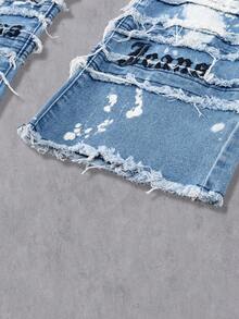Manfinity EMRG Jeans con estampado de letras y dobladillo deshilachado en capas para hombre - Lavado ligero - Ver 8