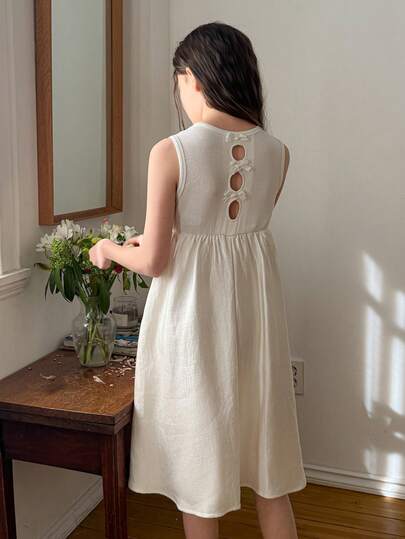 DAZY Girls' Round Neck Bow Decor Sleeveless Dress, Fall Outfit