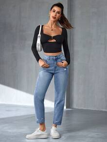 SHEIN Tall Women's Casual Distressed Tapered Leg Jeans - Light Wash - View 4
