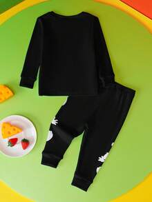 LOONEY TUNES X SHEIN 男婴可爱卡通动物印花长袖T恤和裤子修身睡衣套装 - 黑色 - 查看 2
