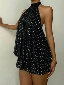 Aloruh 女士优雅浅黄色吊带系带迷你连衣裙 - 黑色 - 查看 4