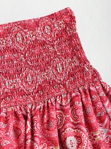 Sweetra Spring/Summer Women's Pink Skirt, Retro Cashew Flower Mini Skirt With Double Ruffle Hem, Suitable For Beach Holiday - Pink - View 5