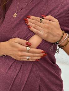 SHEIN 孕妇及哺乳期休闲荷叶边短袖T恤，夏季 - 紅色 - 查看 7