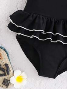 SHEIN 夏季女童蝴蝶结装饰无袖撞色滚边吊带露脐比基尼上衣 - 黑色 - 查看 4