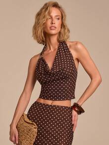 COSMINA 垂褶领吊带背心搭配荷叶边半裙套装，弹性网纱波点数码印花，金属扣饰，棕色套装，优雅服饰，度假装，沙滩假日装，露背设计 - 彩色 - 查看 1