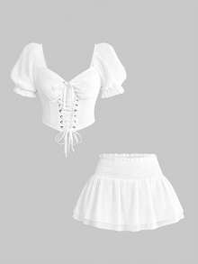 ROMWE Avant 优雅度假岛屿风系带腰身两件套泡泡袖女装 - 白色 - 查看 1