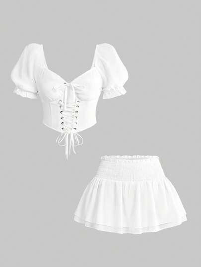 ROMWE Avant 优雅度假岛屿风系带腰身两件套泡泡袖女装