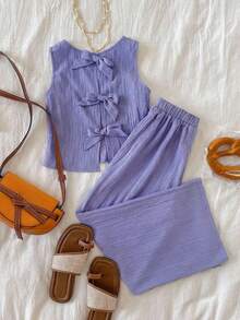 SHEIN Tween Girls 2pcs/Set Casual Solid Purple Textured Fabric Bow Back Camisole Top And Wide Leg Pants Set Girls Lavender Lilac Pants Sets Girl Girls Purple Set, Suitable For Vacation And Casual Daily Wear, Holiday Outfits - Purple - View 5