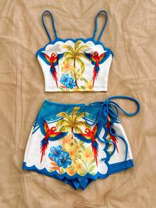 Soleia Women's Palm Tree Print Camisole Top And Tie Waist Skort 2 Pieces Set, Vacation - Multicolor - View 6